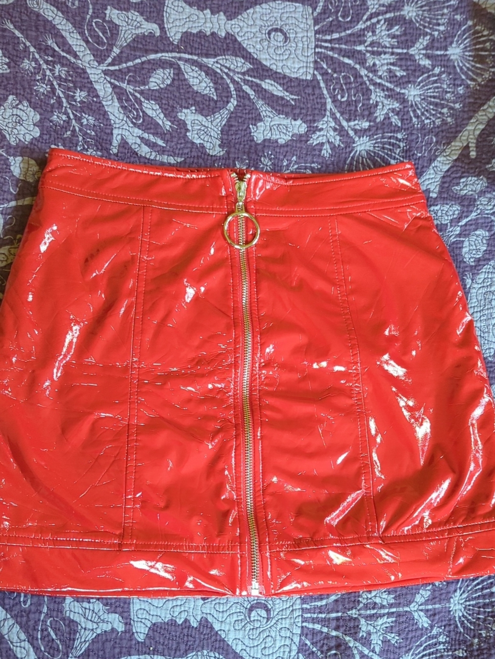 Forever 21 Red Patent Front-Zip Mini Skirt with Ring Pull
